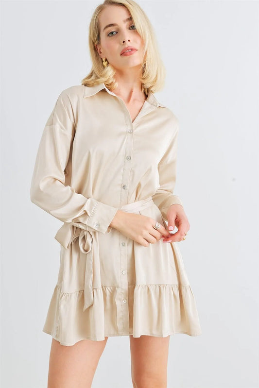 Light Taupe Satin Button-Up Collared Neck Belted Mini Dress /1-2-2-1 - Tasha Apparel Wholesale