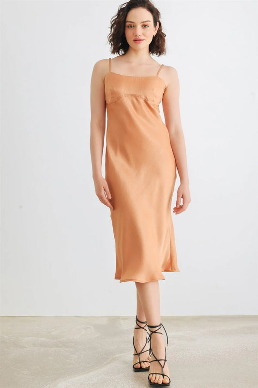 Dusty Orange Satin Strappy Midi Dress /1-2-2-1 - Tasha Apparel Wholesale