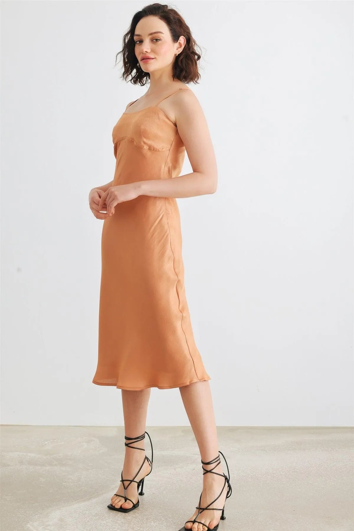 Dusty Orange Satin Strappy Midi Dress /1-2-2-1 - Tasha Apparel Wholesale