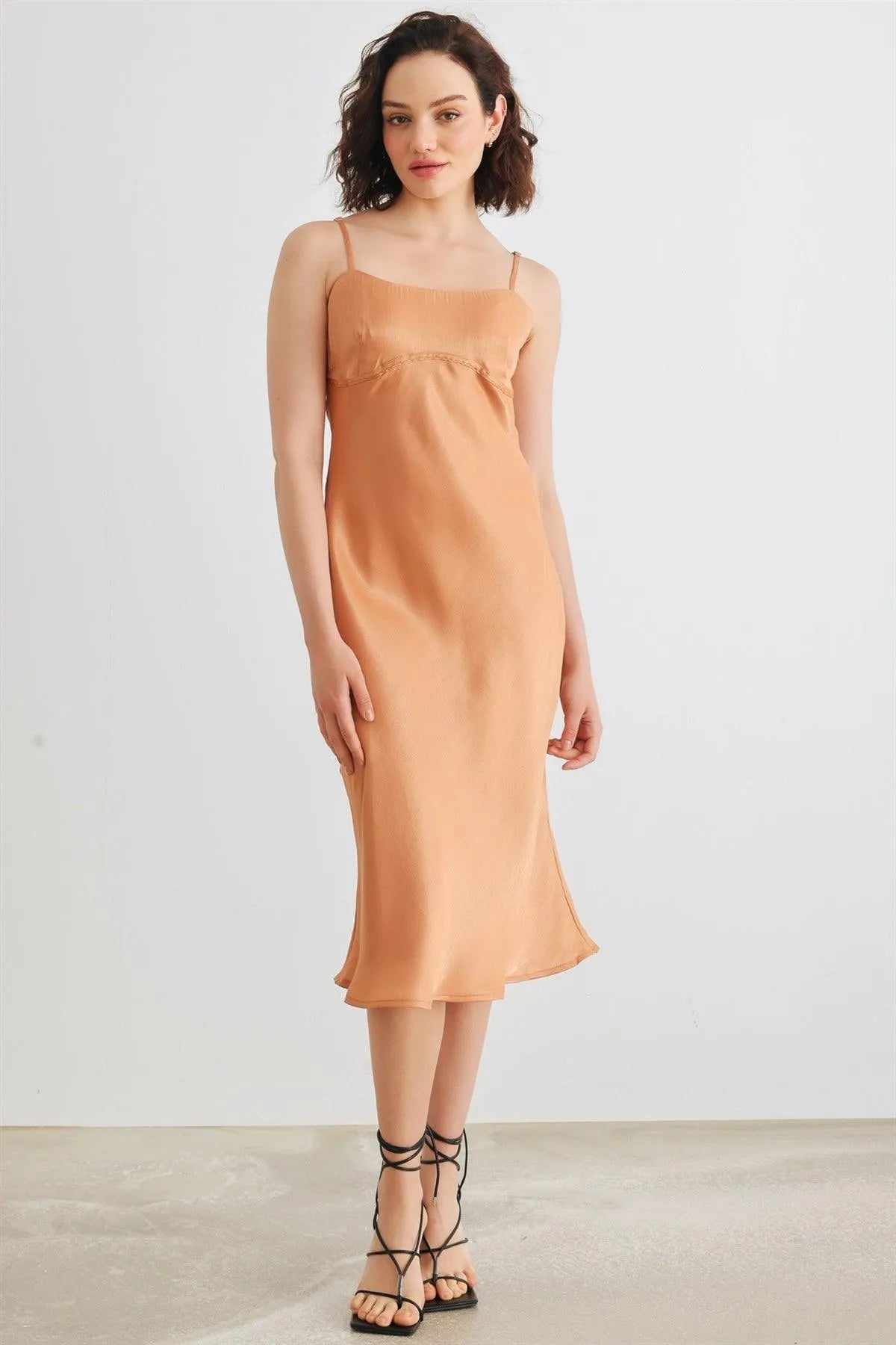 Dusty Orange Satin Strappy Midi Dress /1-2-2-1 - Tasha Apparel Wholesale
