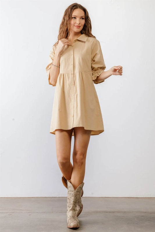 Taupe Cotton Button-Up Collared Neck Mini Dress /1-2-2-1 - Tasha Apparel Wholesale