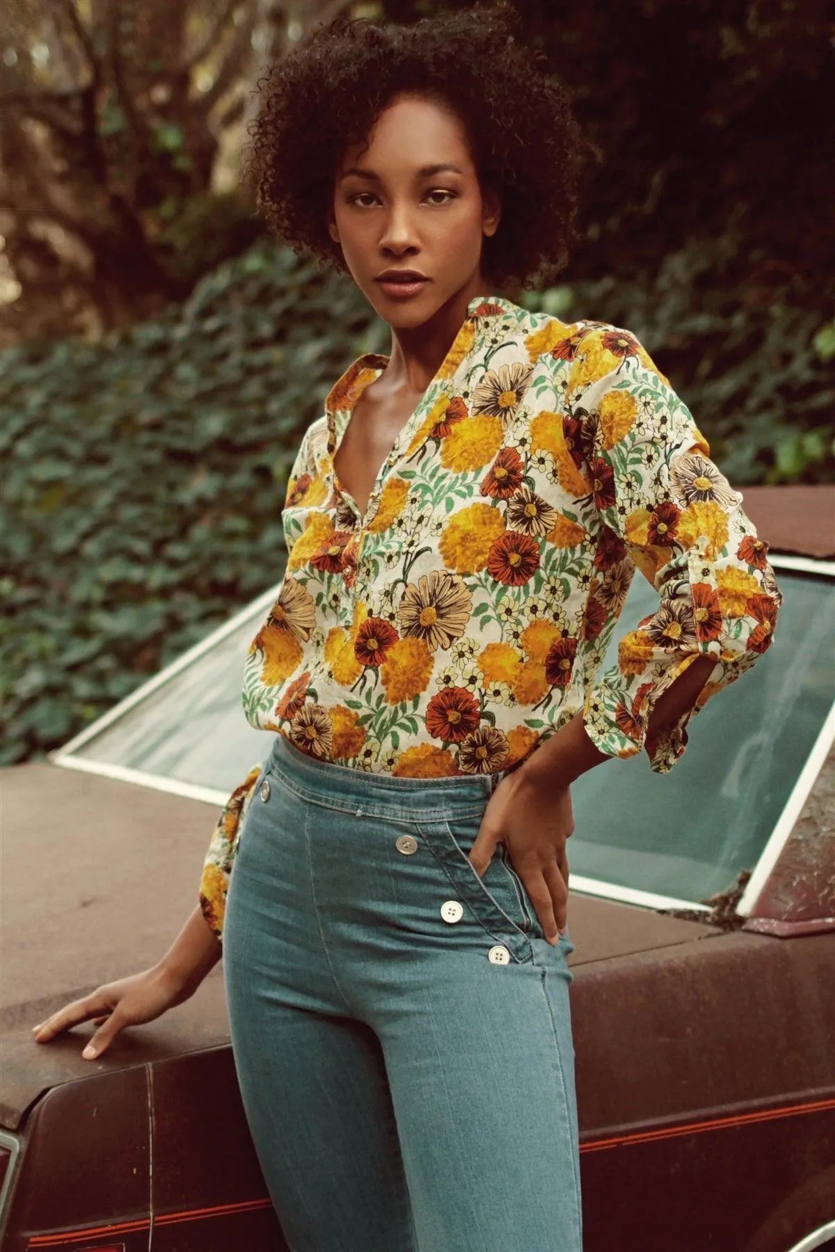 Boho Floral Roll-up Sleeve Semi-Sheer Top /1-2-2-1 - Tasha Apparel Wholesale