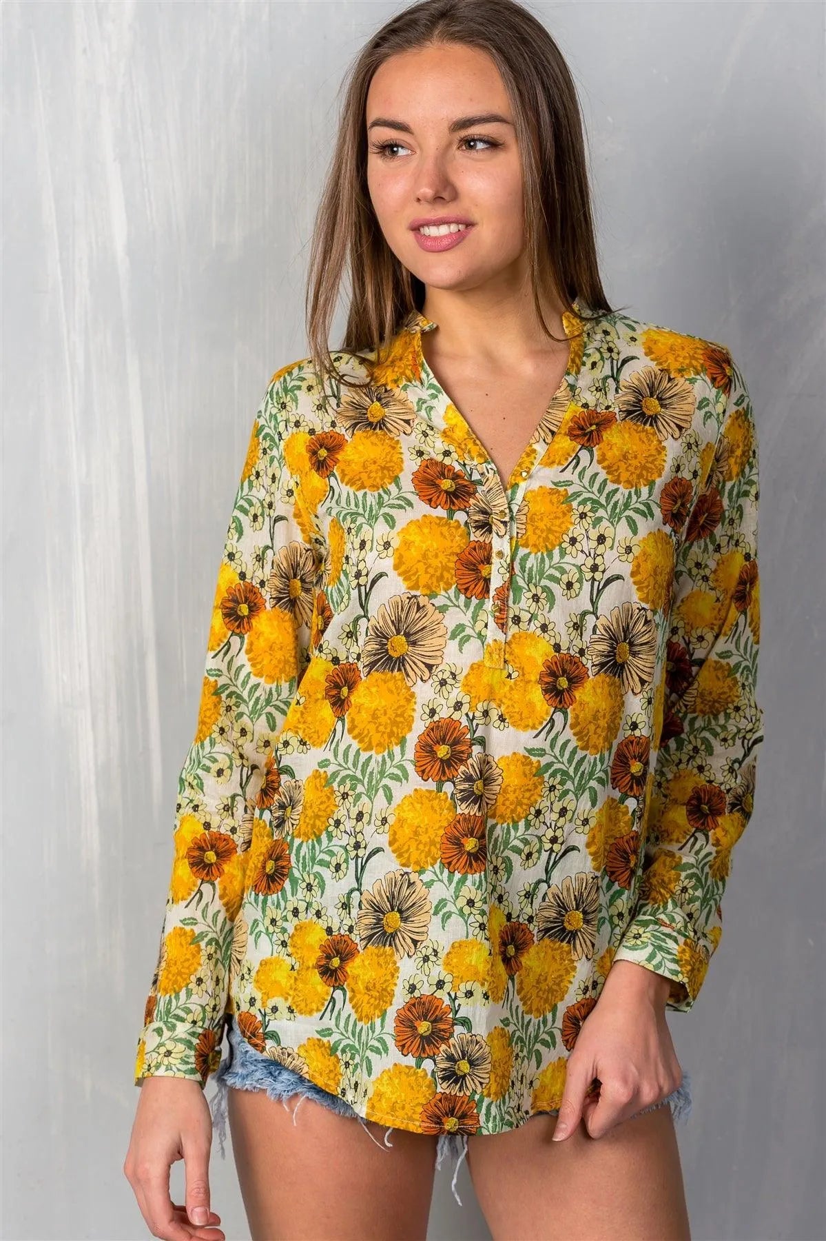 Boho Floral Roll-up Sleeve Semi-Sheer Top /1-2-2-1 - Tasha Apparel Wholesale