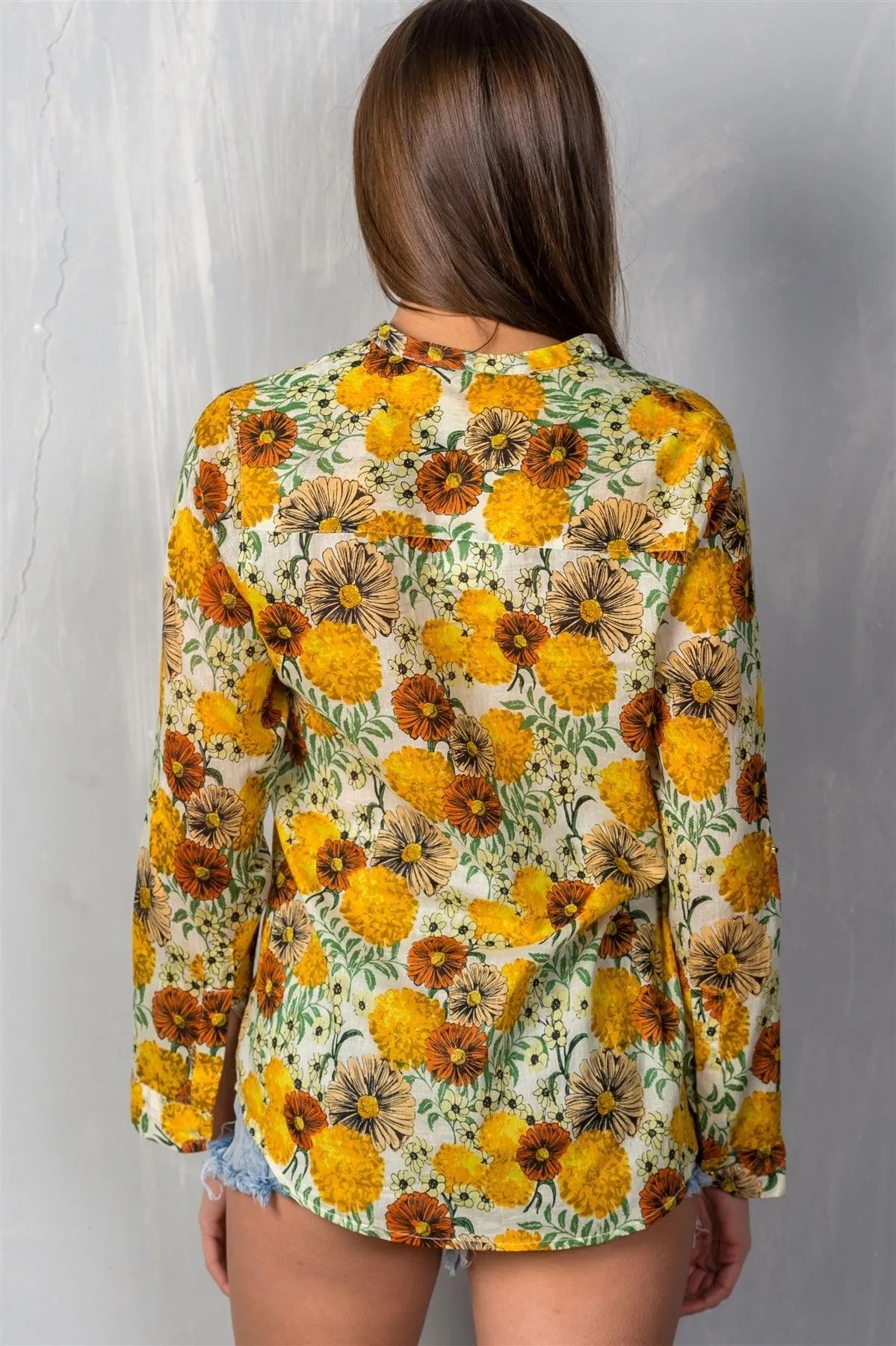 Boho Floral Roll-up Sleeve Semi-Sheer Top /1-2-2-1 - Tasha Apparel Wholesale