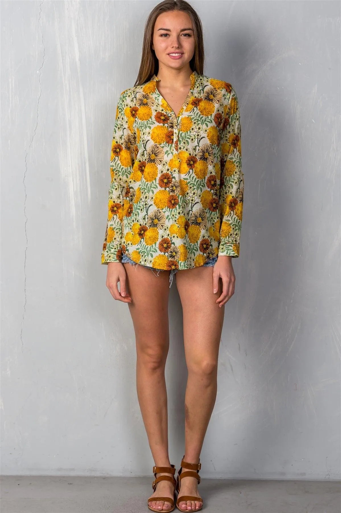 Boho Floral Roll-up Sleeve Semi-Sheer Top /1-2-2-1 - Tasha Apparel Wholesale