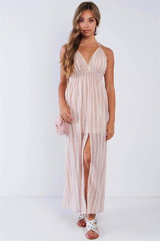 Linen Mauve Striped V-neck Resort Style Split Seam Maxi Dress - Tasha Apparel Wholesale