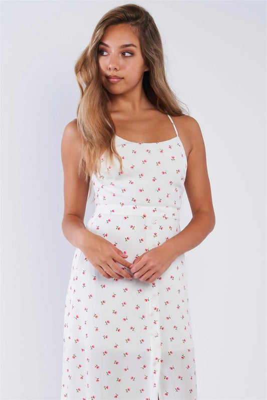 Chiffon Rose Print Cami Strapped Self Tie Maxi Dress - Tasha Apparel Wholesale
