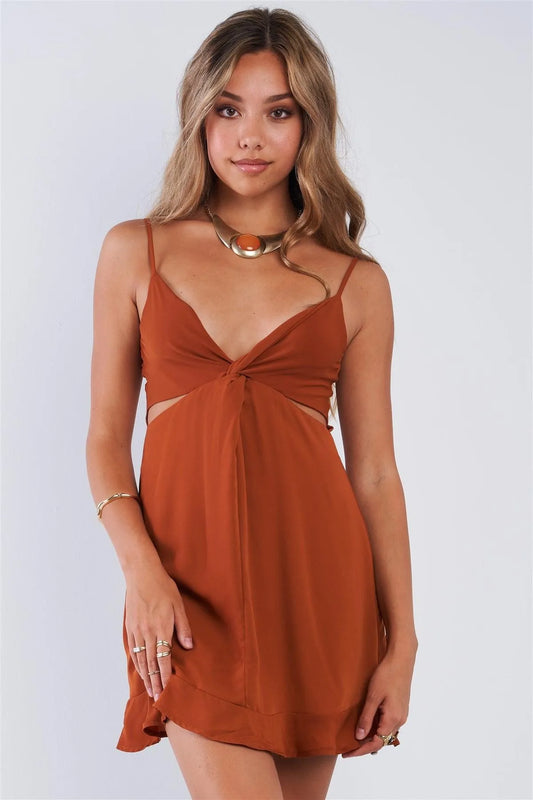 Rust Colored Cut Out Cami Strap Ruffle Hem Mini Dress - Tasha Apparel Wholesale