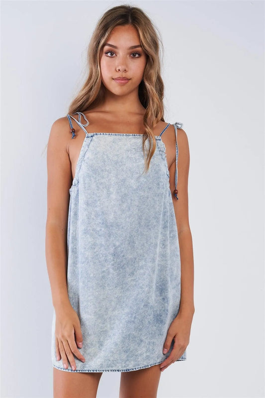 Acid Washed Denim Draw String Strap Mini Dress - Tasha Apparel Wholesale