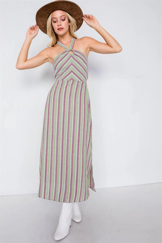 Green Multi Stripe Wooden Center Cut Out Halter Maxi Dress - Tasha Apparel Wholesale