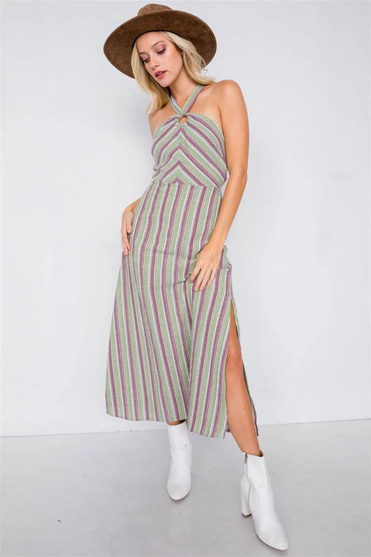 Stripe Wooden Center Cut Out Halter Maxi Dress - Tasha Apparel Wholesale