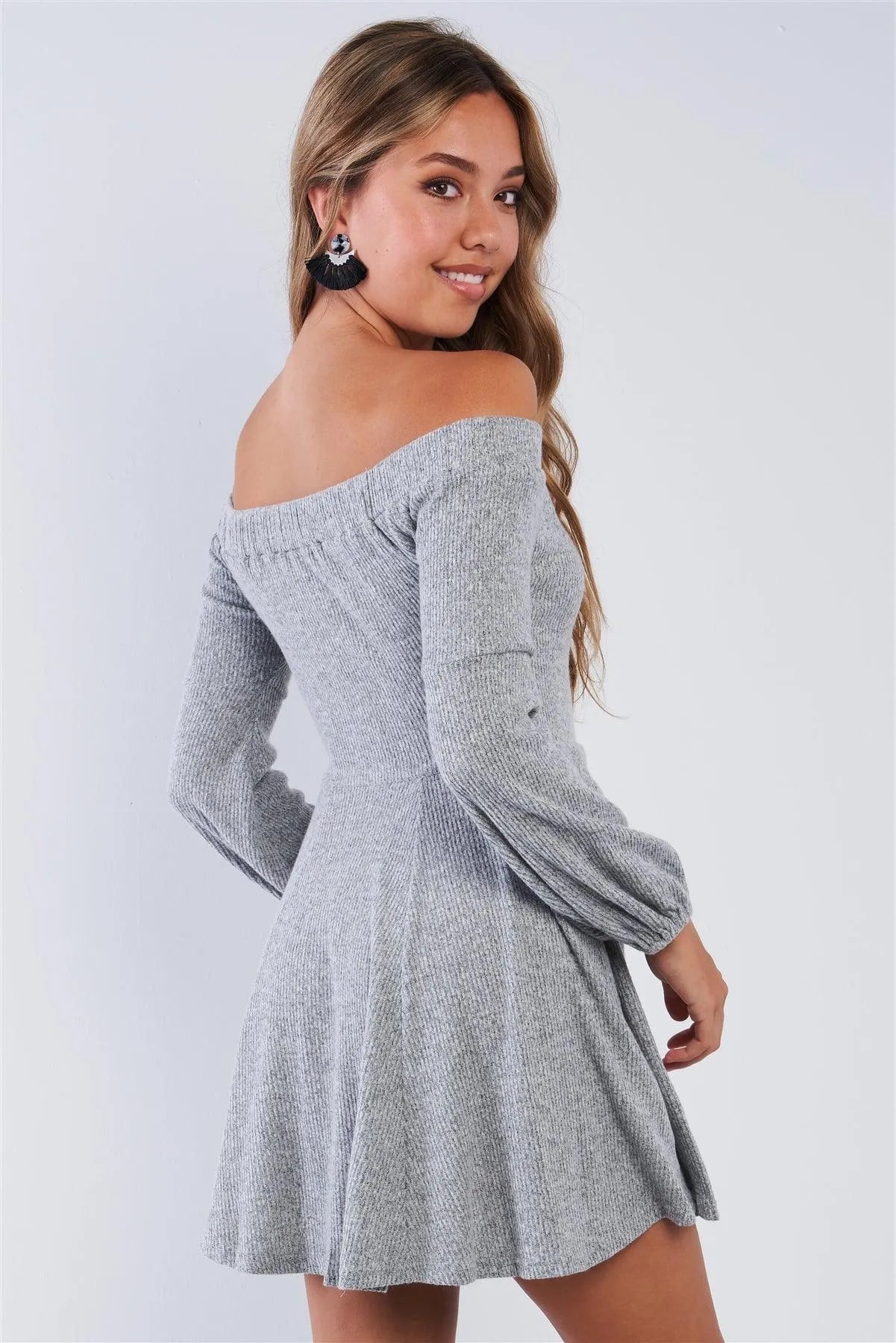Grey Soft Ribbed Fleece Off The Shoulder Sweater Dress - Tasha Apparel Wholesale