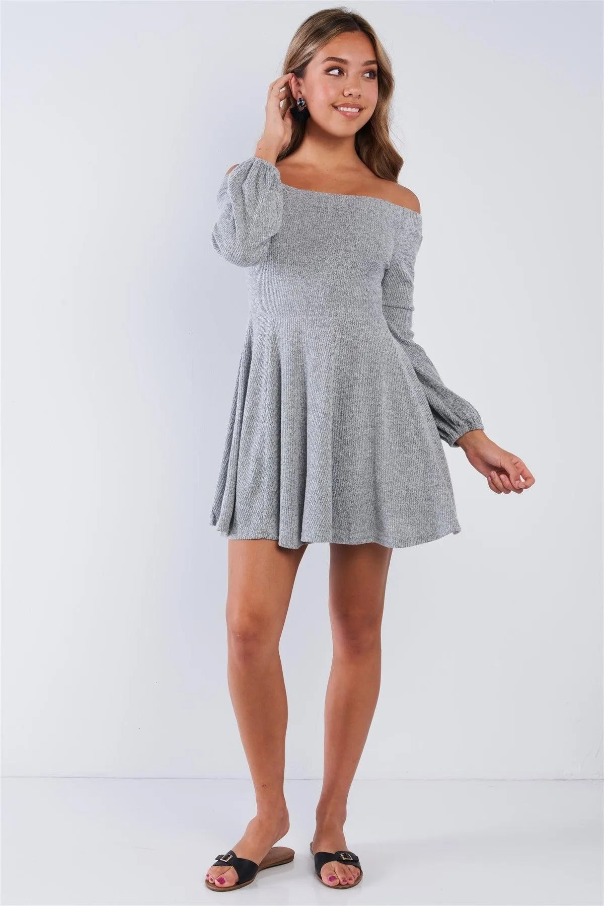 Grey Soft Ribbed Fleece Off The Shoulder Sweater Dress - Tasha Apparel Wholesale