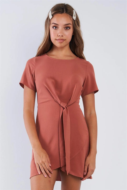 Short Sleeve Knotted Crew Neck Chic Mini Dress - Tasha Apparel Wholesale