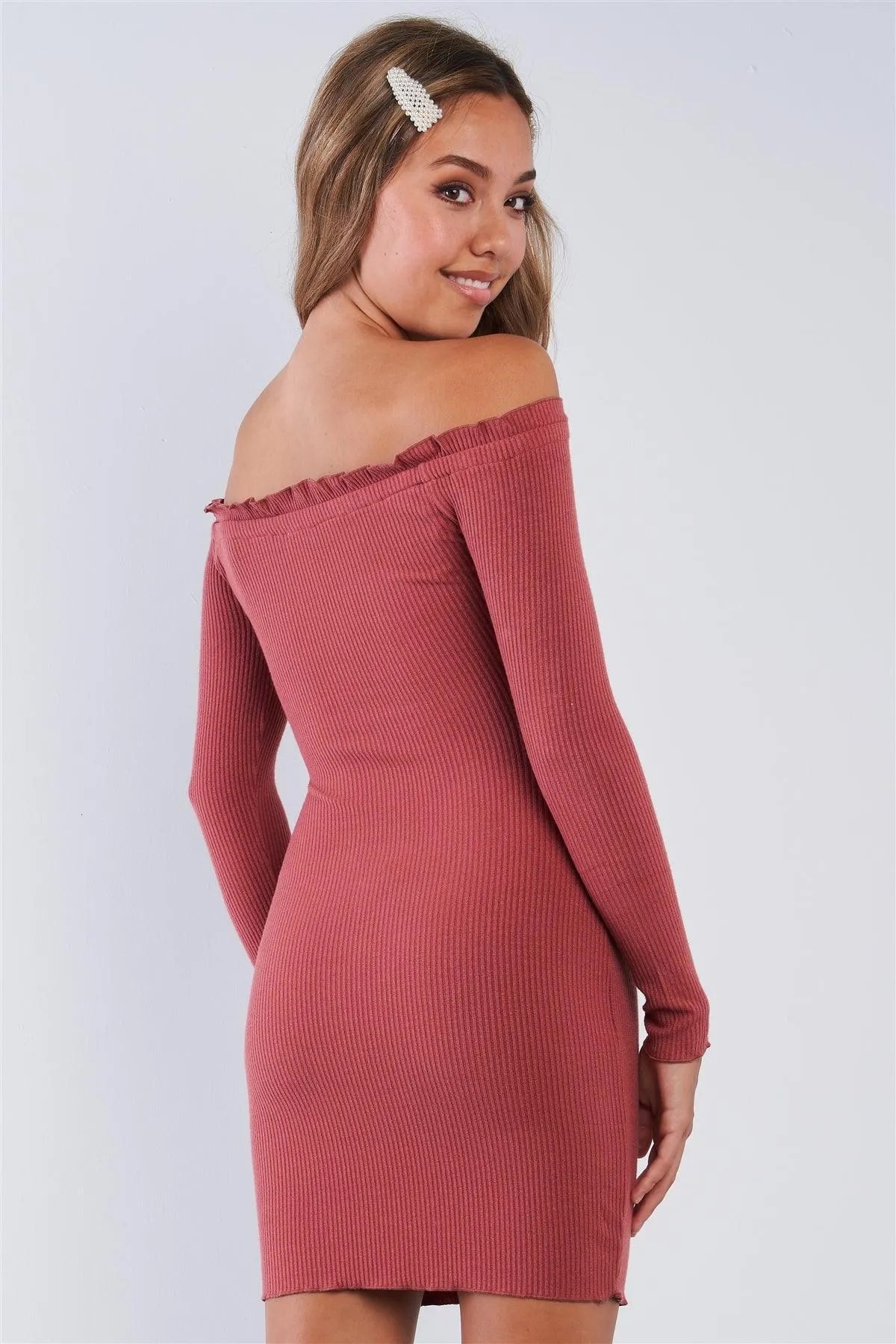 Ribbed Long Sleeve Mini Length Off The Shoulder Dress - Tasha Apparel Wholesale