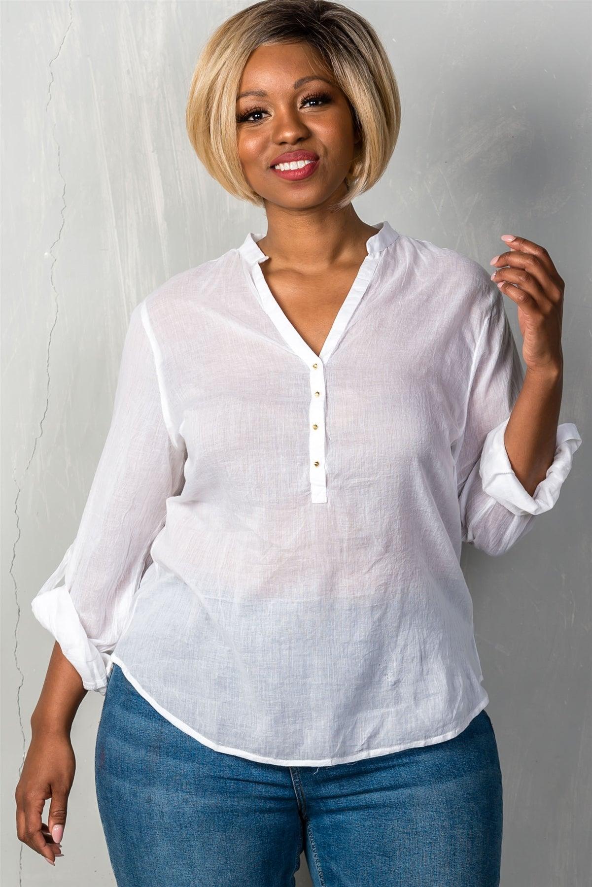 Junior Plus Size White Roll-Sleeve V Neck With Spikes Detail Top /3-2-1