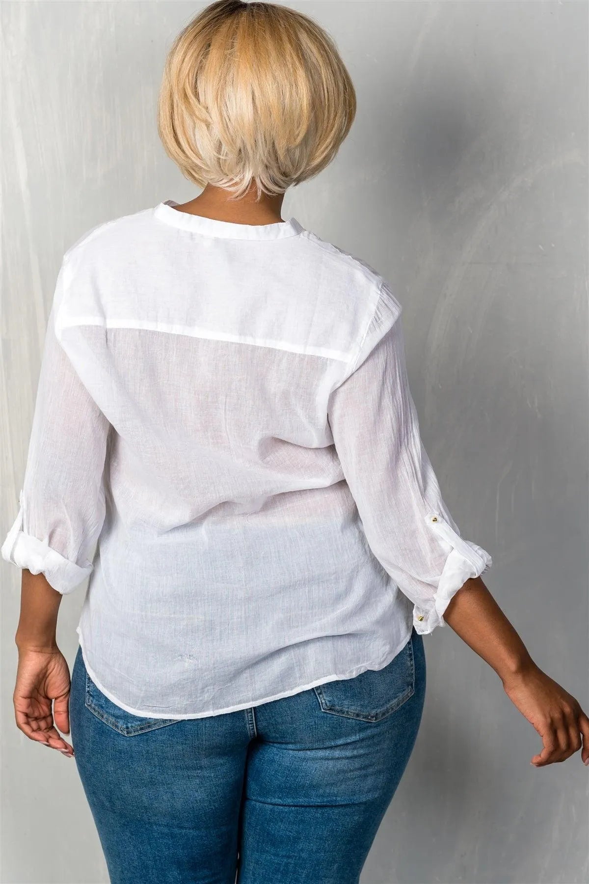 Junior Plus Size White Roll-Sleeve V Neck With Spikes Detail Top /3-2-1 - Tasha Apparel Wholesale