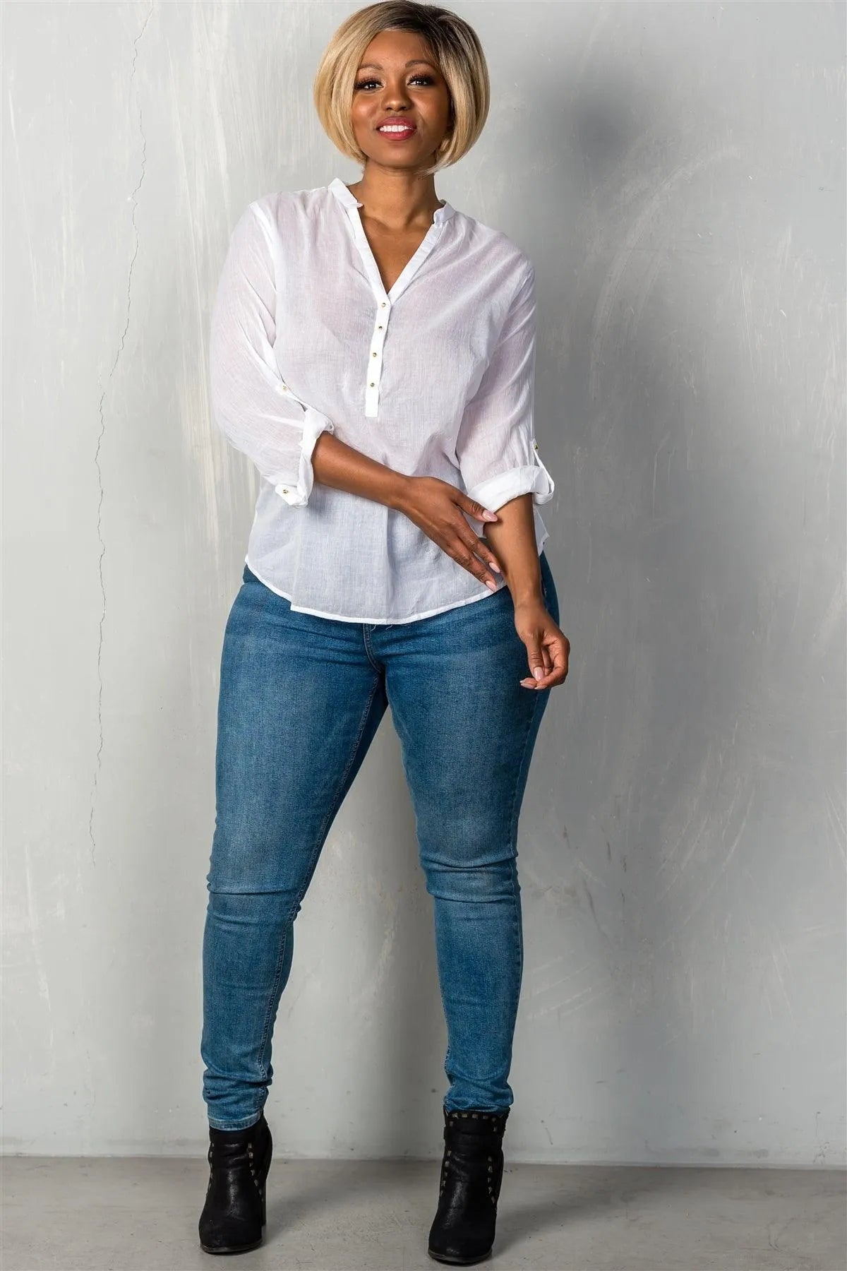 Junior Plus Size White Roll-Sleeve V Neck With Spikes Detail Top /3-2-1 - Tasha Apparel Wholesale