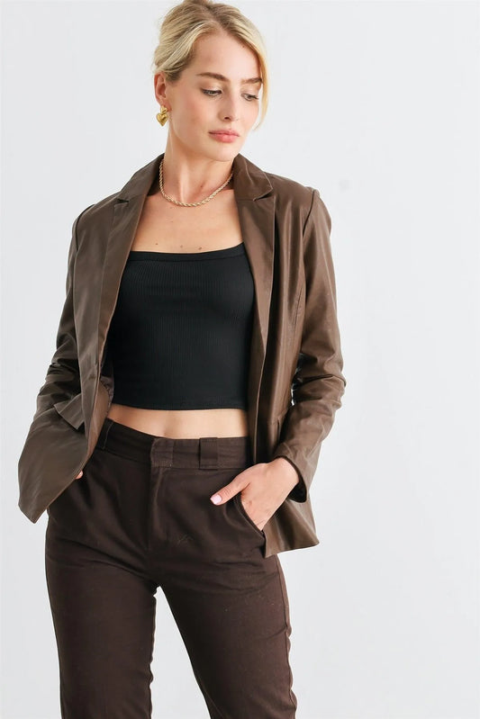 Brown Faux Leather Two Pocket Button Long Sleeve Blazer /1-2-2-1 - Tasha Apparel Wholesale