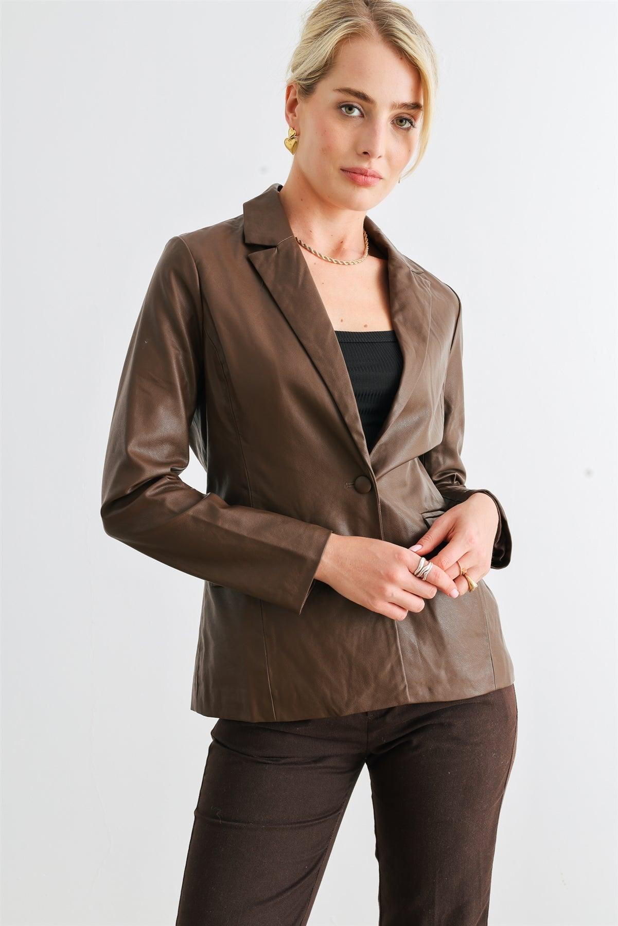 Brown Faux Leather Two Pocket Button Long Sleeve Blazer /1-2-2-1