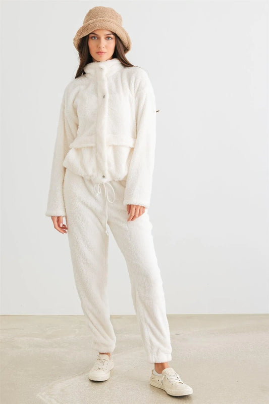 Ivory Fuzzy Knit Button-Up Long Sleeve Jacket & High Waist Pants Set /2-2-2 - Tasha Apparel Wholesale