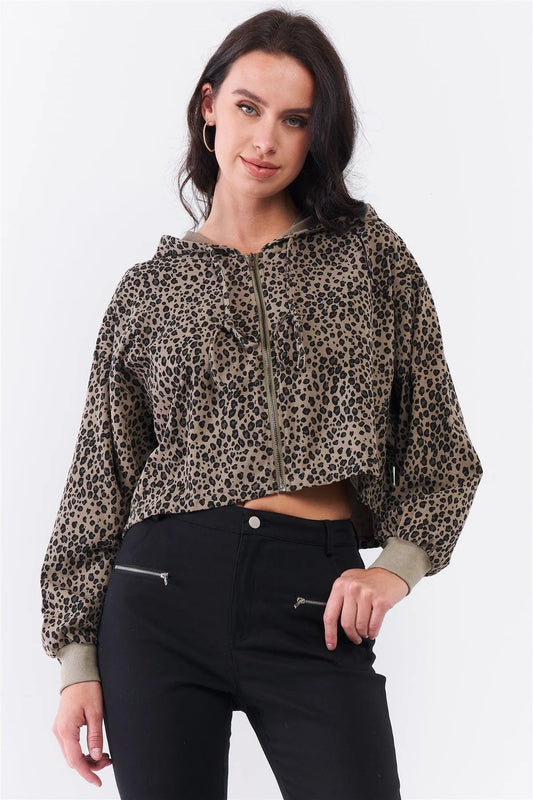 Olive & Black Leopard Print Front Zip-Up Detail Balloon Sleeve Hooded Crop Sweatshirt /3-2-1 - Tasha Apparel Wholesale