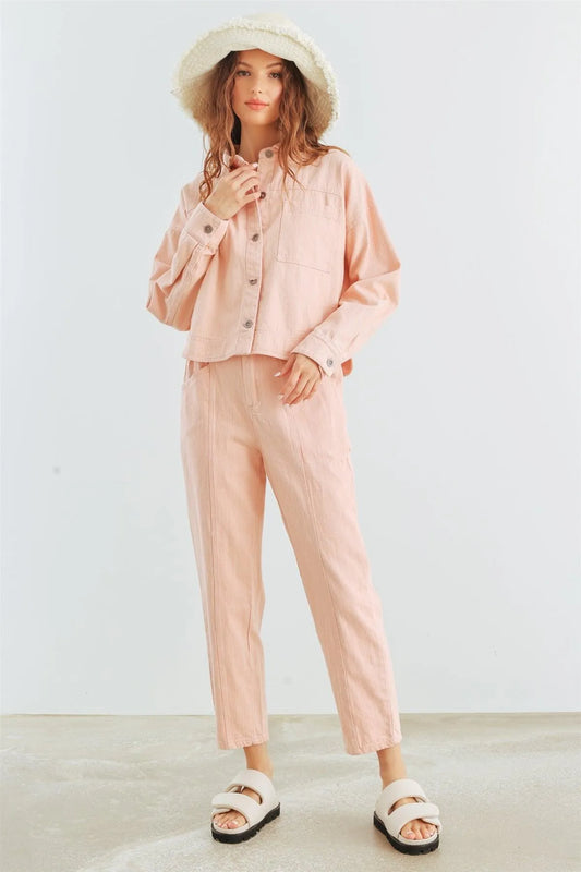 Blush Denim Cotton Button-Up Collared Neck Jacket & High Waist Pants Set /2-2-2 - Tasha Apparel Wholesale