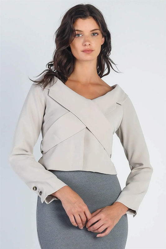 Light Grey Button Up Collared Back Tie Top /3-2-1 - Tasha Apparel Wholesale