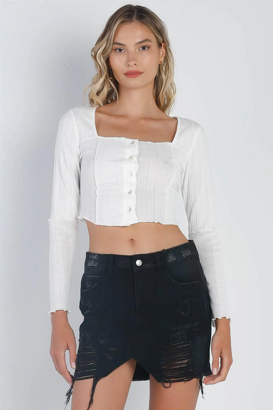 White Embroidery Stitch Button Up Square Neck Crop Top /3-2-1 - Tasha Apparel Wholesale