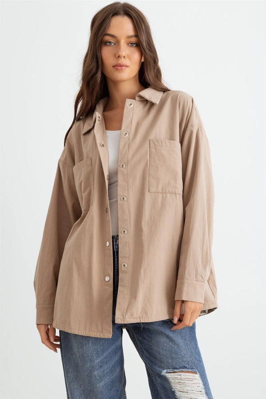 Mocha Cotton Button-Up Four Pocket Shirt Jacket /1-2-2-1 - Tasha Apparel Wholesale