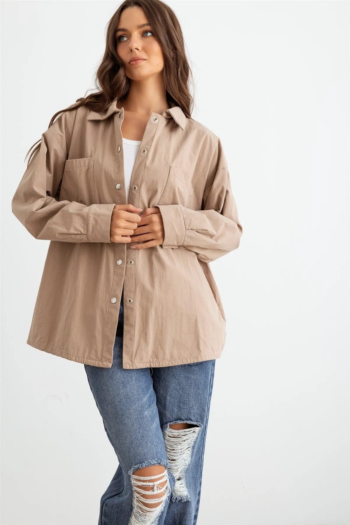 Mocha Cotton Button-Up Four Pocket Shirt Jacket /1-2-2-1 - Tasha Apparel Wholesale