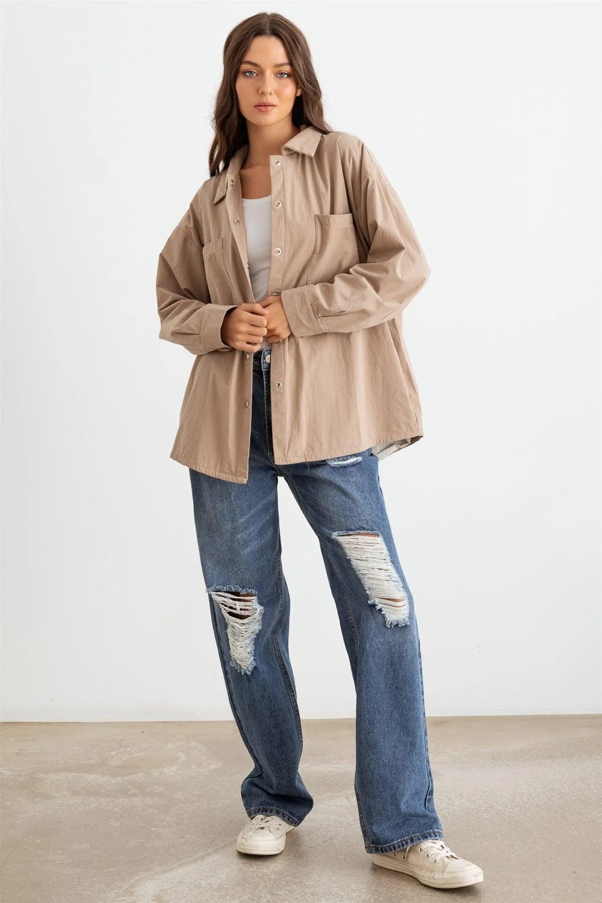 Mocha Cotton Button-Up Four Pocket Shirt Jacket /1-2-2-1 - Tasha Apparel Wholesale