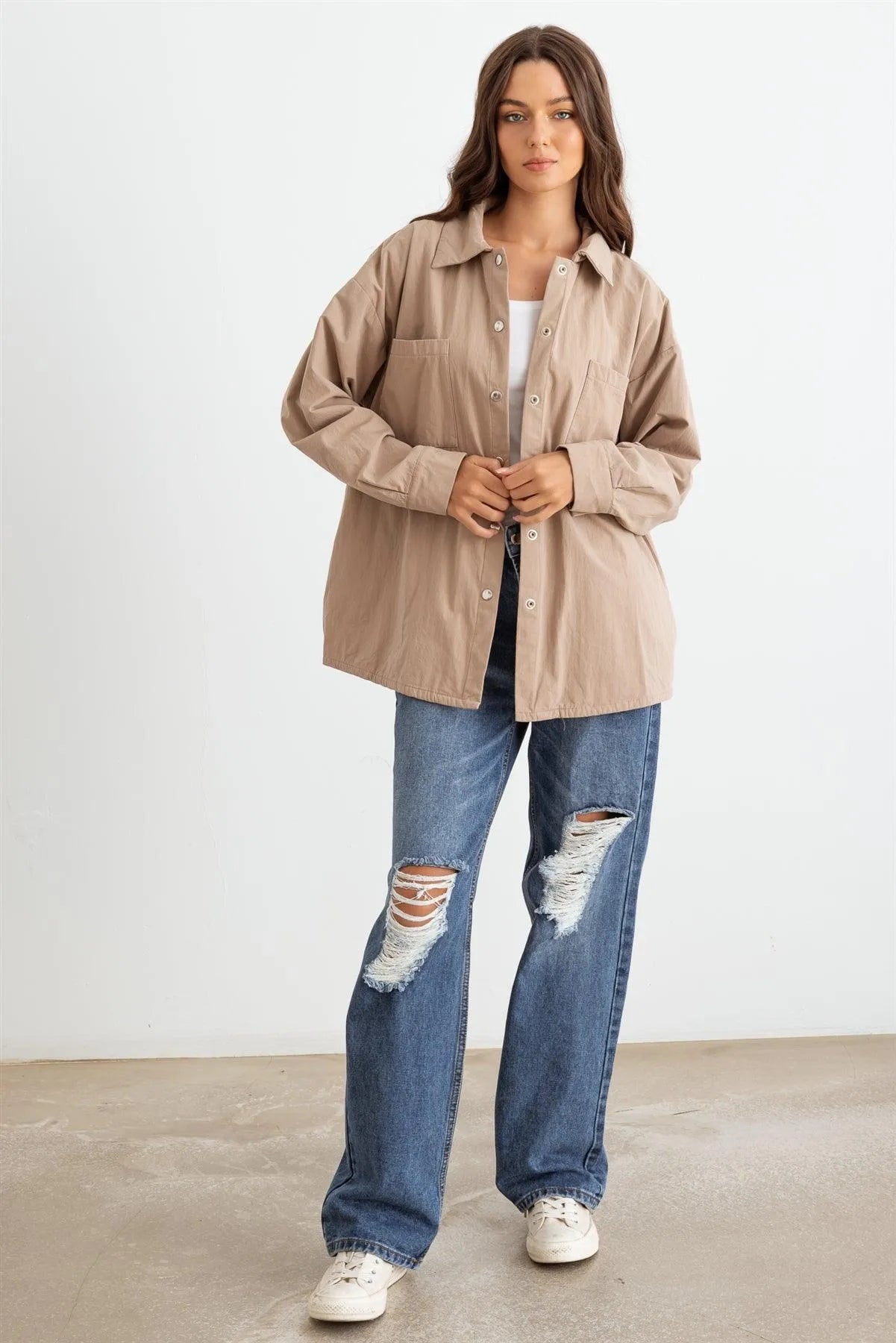 Mocha Cotton Button-Up Four Pocket Shirt Jacket /1-2-2-1 - Tasha Apparel Wholesale