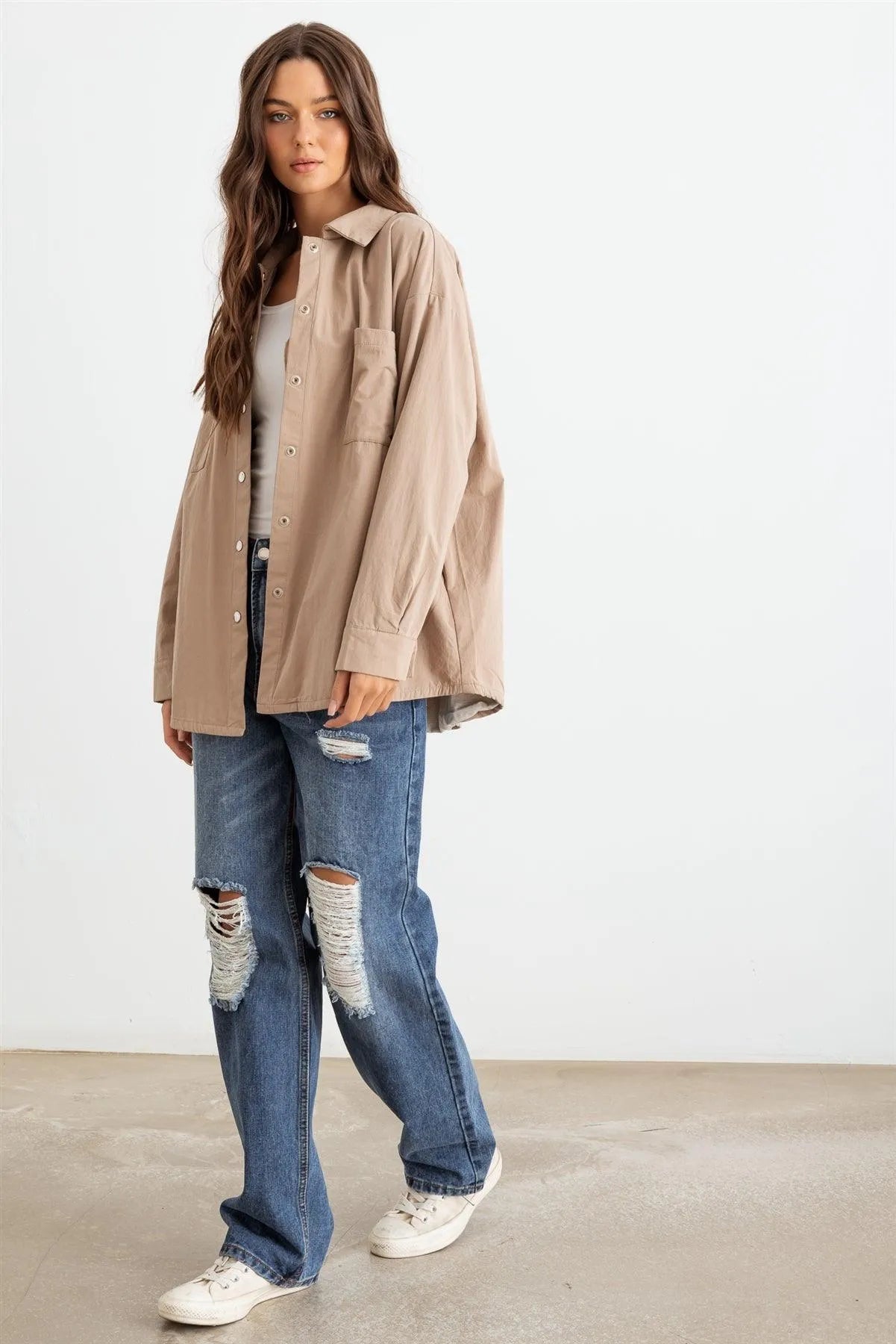 Mocha Cotton Button-Up Four Pocket Shirt Jacket /1-2-2-1 - Tasha Apparel Wholesale