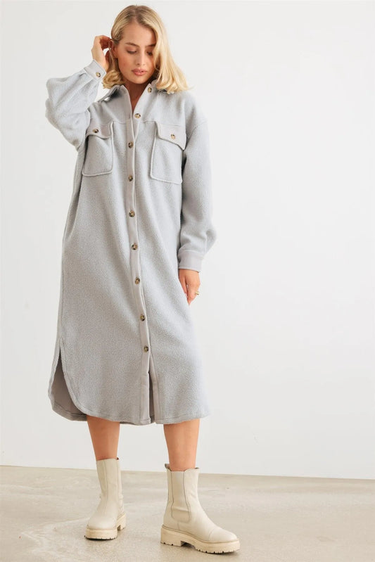 Light Blue Cotton Blend Button-Up Four Pocket Collared Neck Long Sleeve Coat /1-2-2-1 - Tasha Apparel Wholesale