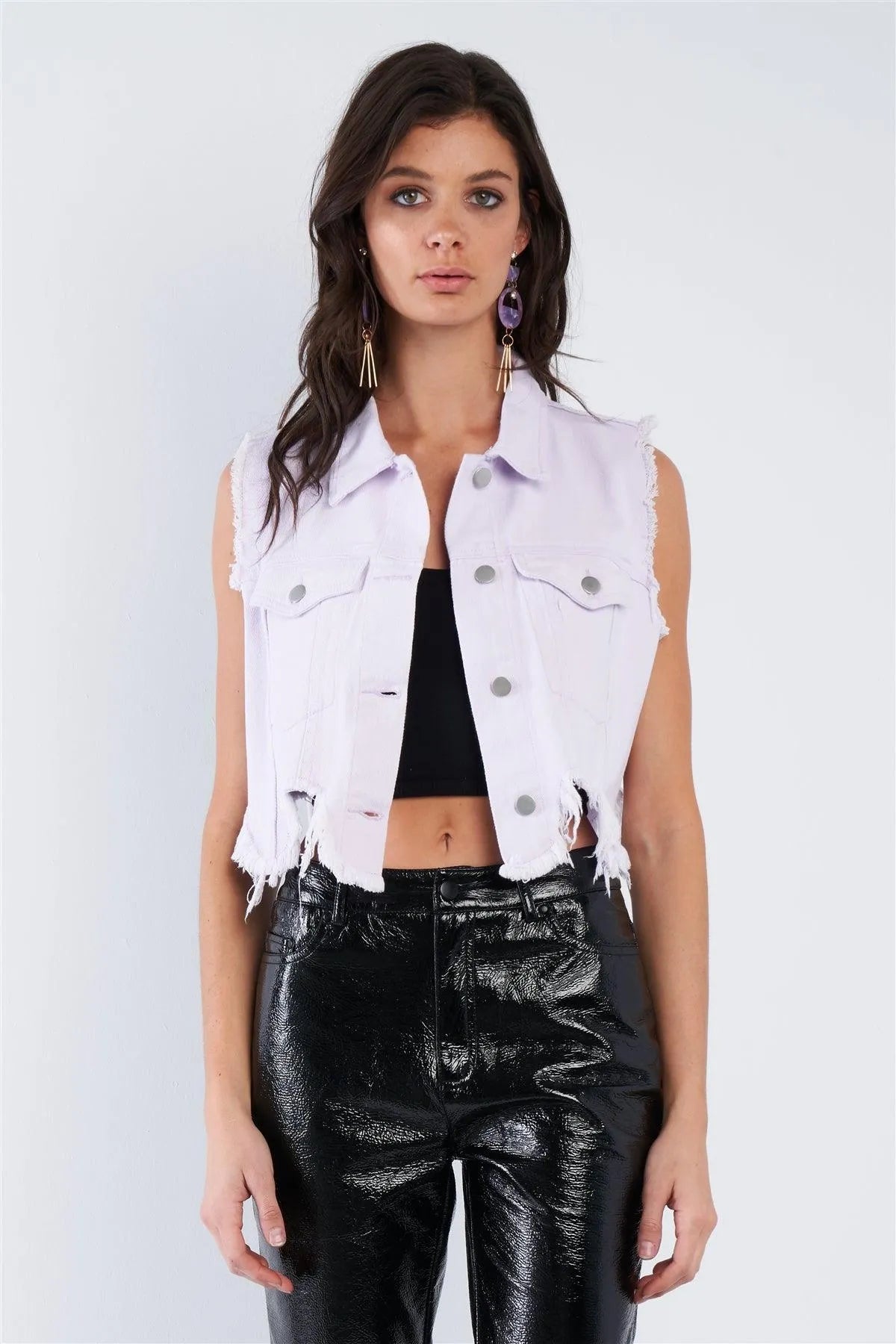 Lavender Purple Raw Denim Shark Bite Hem Crop Jeans Vest /3-2-1 - Tasha Apparel Wholesale