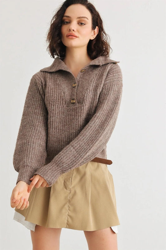 Brown Wool Knit Button-Up Neck Crop Sweater Pullover /2-2-1 - Tasha Apparel Wholesale