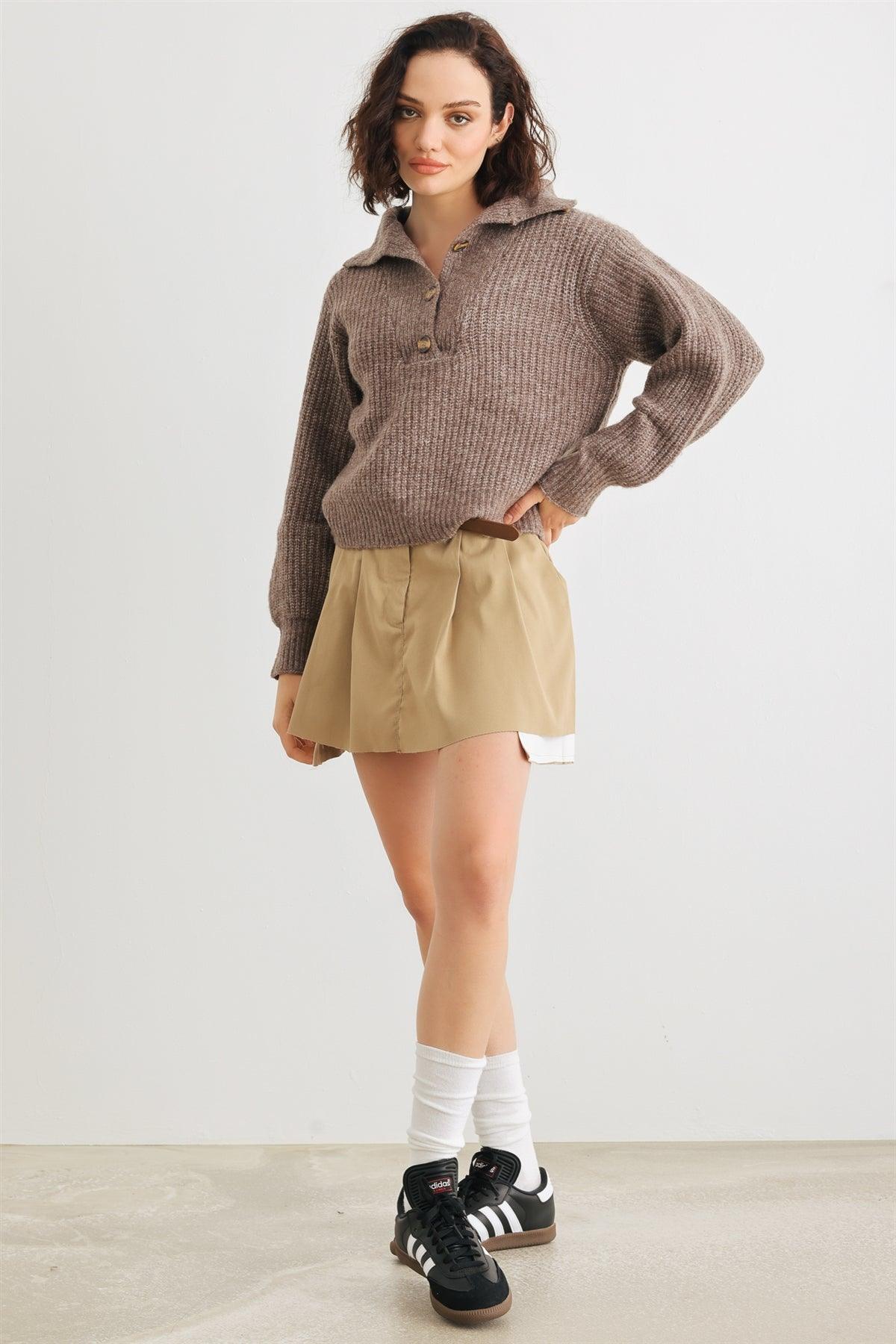 Brown Wool Knit Button-Up Neck Crop Sweater Pullover /3-2-1