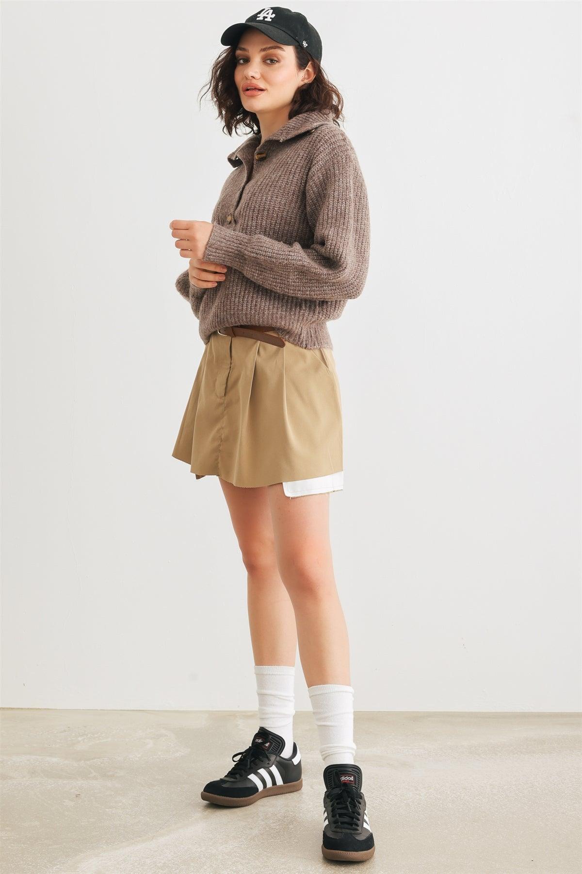 Brown Wool Knit Button-Up Neck Crop Sweater Pullover /3-2-1