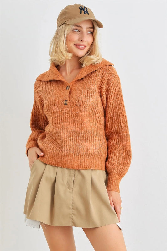 Rust Wool Knit Button-Up Neck Crop Sweater Pullover /1-2-1 - Tasha Apparel Wholesale
