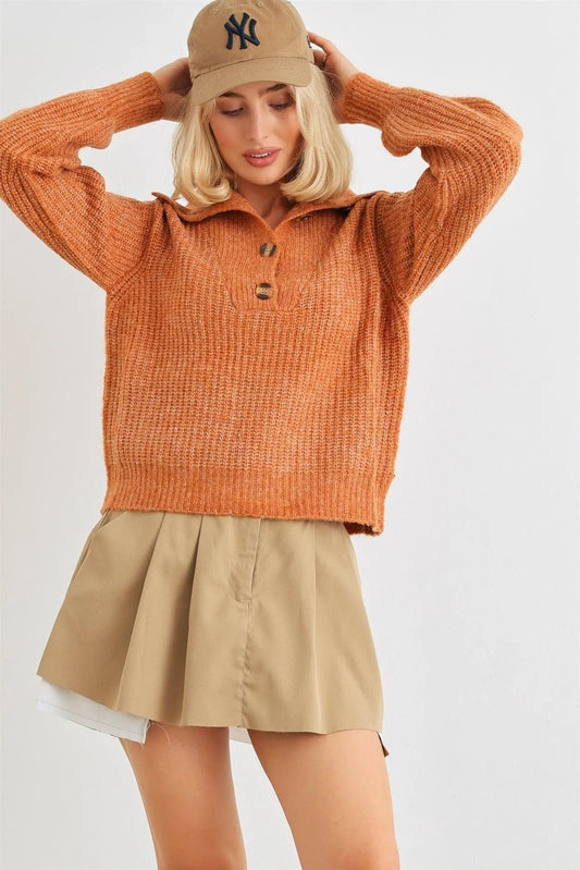 Rust Wool Knit Button-Up Neck Crop Sweater Pullover - Tasha Apparel Wholesale
