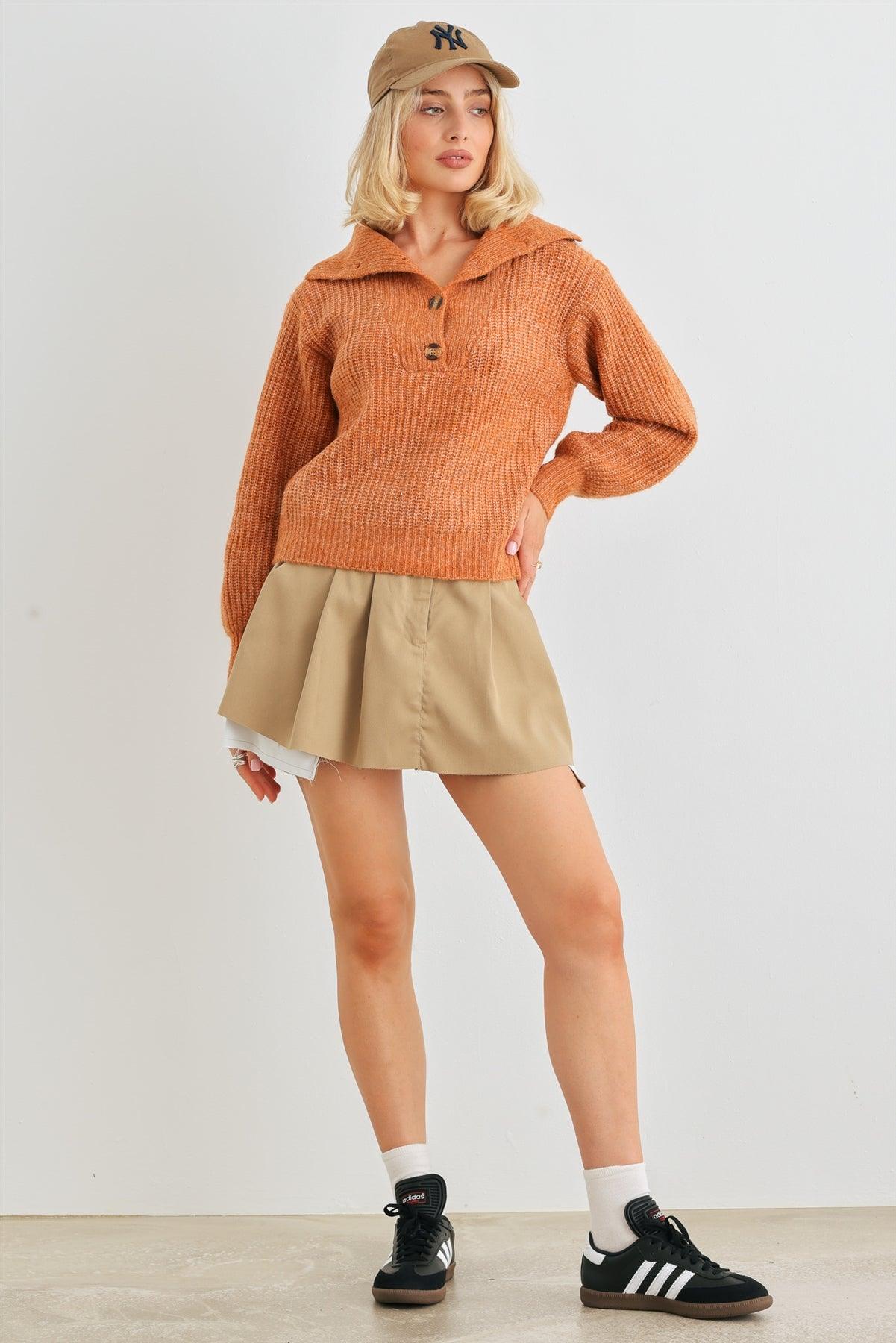 Rust Wool Knit Button-Up Neck Crop Sweater Pullover /3-2-1