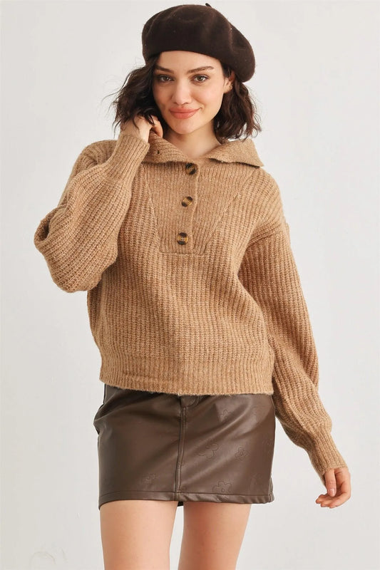 Taupe Wool Knit Button-Up Neck Sweater Pullover - Tasha Apparel Wholesale