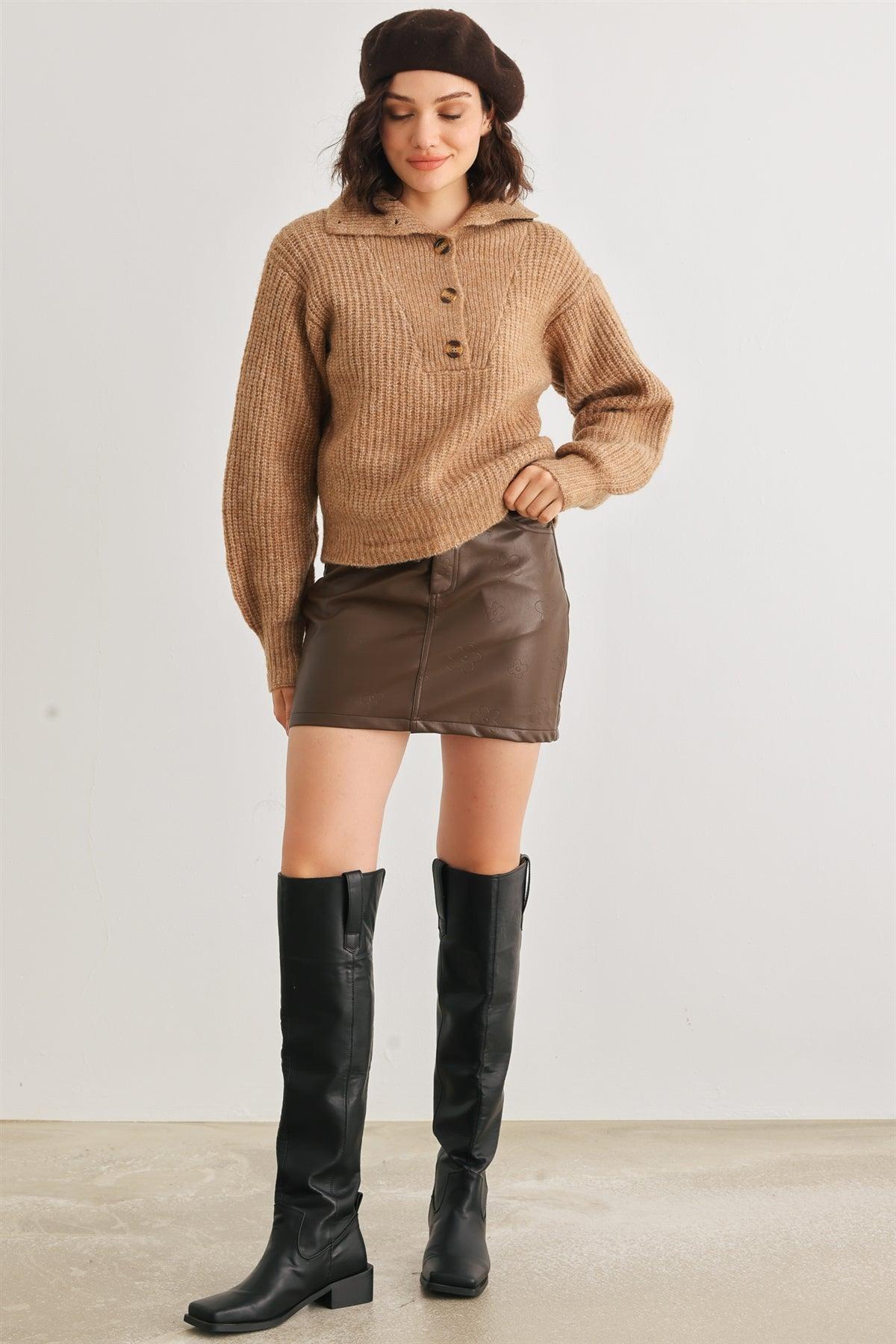 Taupe Wool Knit Button-Up Neck Crop Sweater Pullover /3-2-1