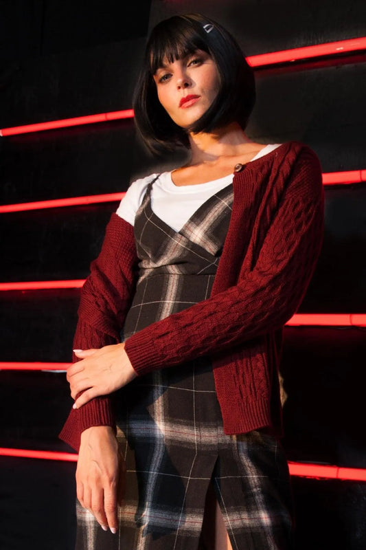Burgundy Cable-Knit Button Front Sweater /2-2-2 - Tasha Apparel Wholesale