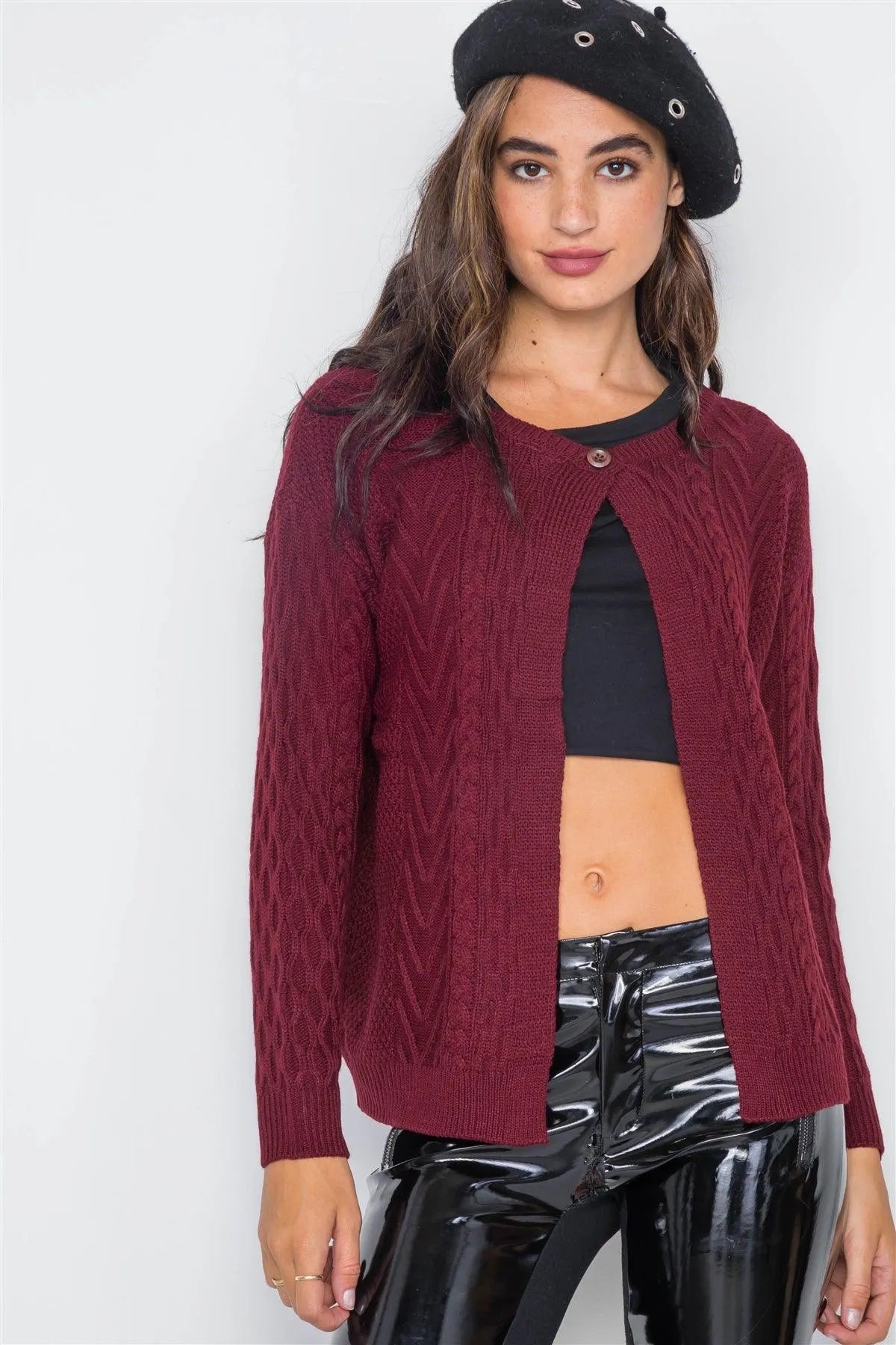 Burgundy Cable-Knit Button Front Sweater /2-2-2 - Tasha Apparel Wholesale