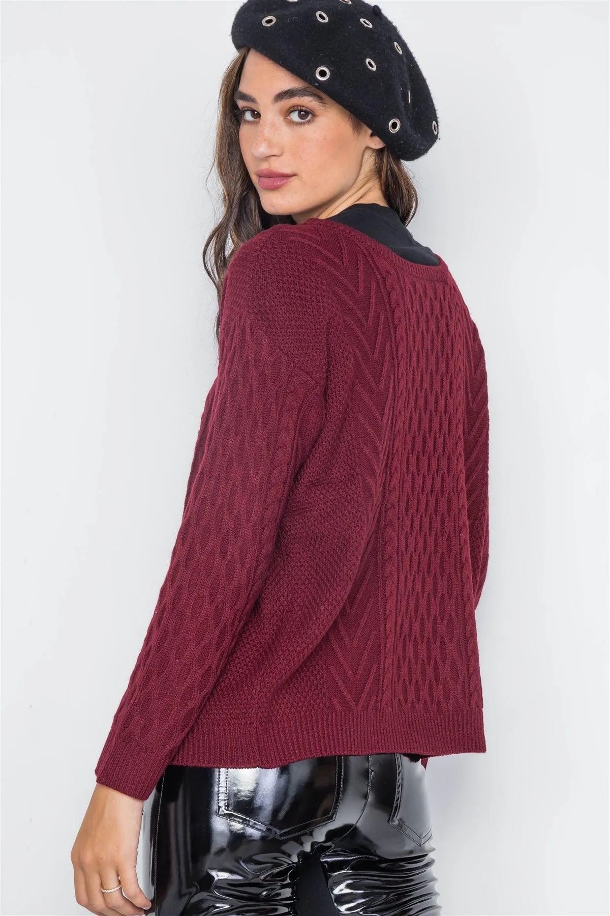 Burgundy Cable-Knit Button Front Sweater /2-2-2 - Tasha Apparel Wholesale