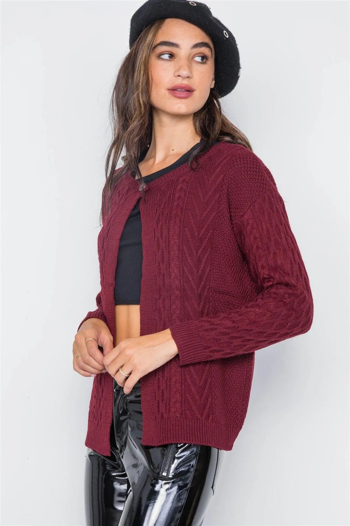 Burgundy Cable-Knit Button Front Sweater /2-2-2 - Tasha Apparel Wholesale