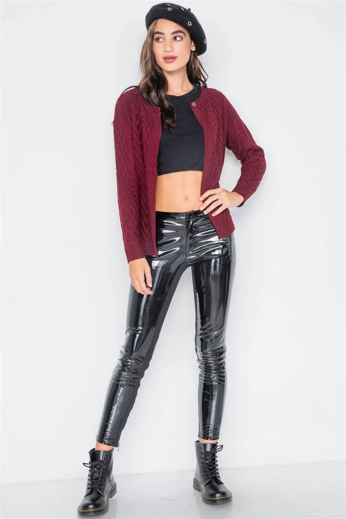 Burgundy Cable-Knit Button Front Sweater /2-2-2 - Tasha Apparel Wholesale