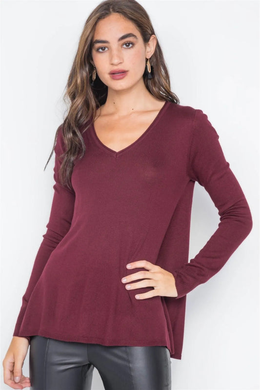 Burgundy Long Sleeve Knit Casual V-Neck Solid Sweater - Tasha Apparel Wholesale